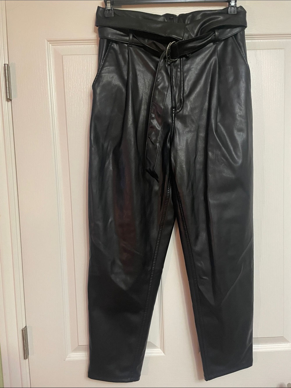 Open Edit High-Waist Black Faux Leather Paperbag Trousers with Self-Tie Belt  M